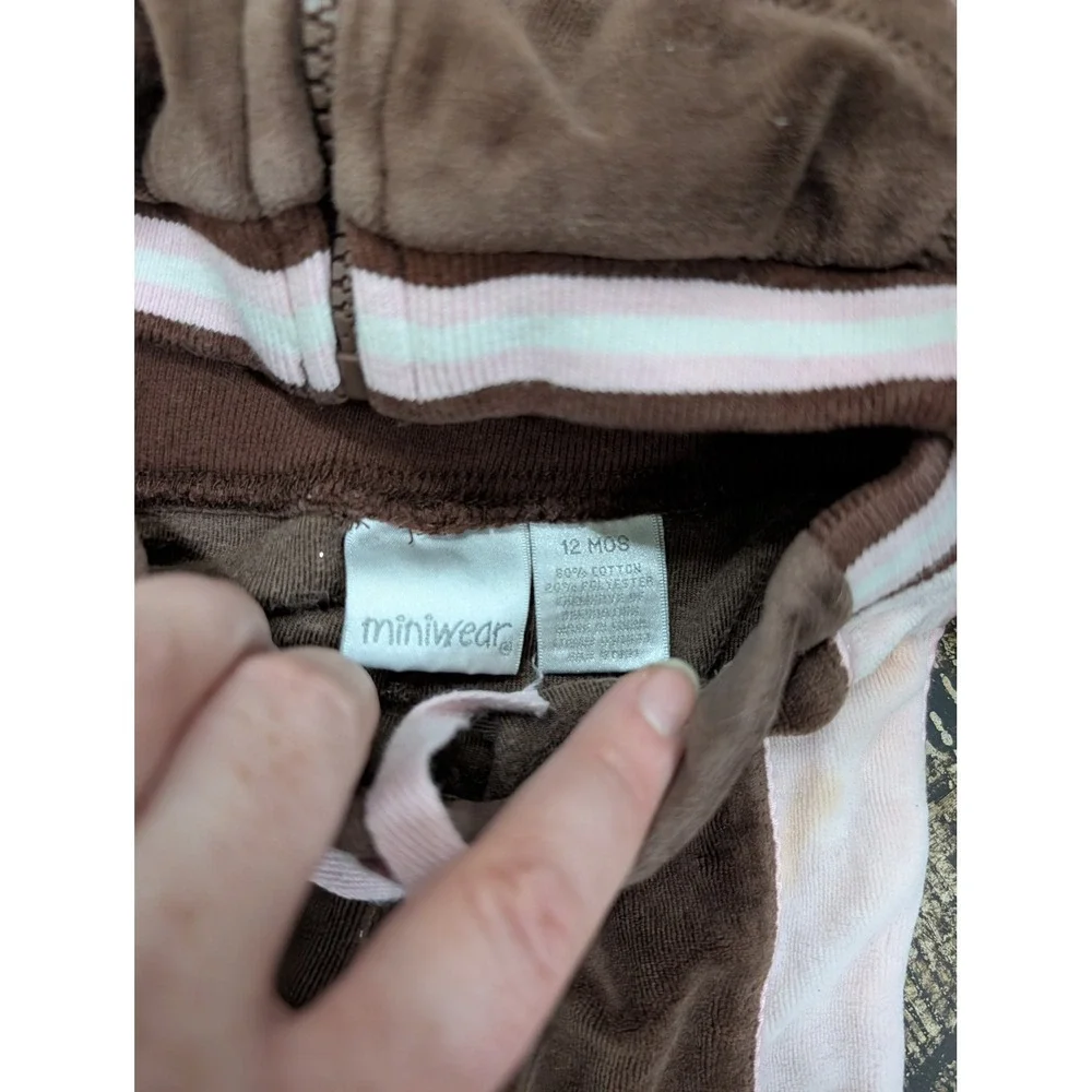 Vintage Miniwear Baby Girls Brown Pink Velour Tracksuit Hoodie Pants Set- 12 MO